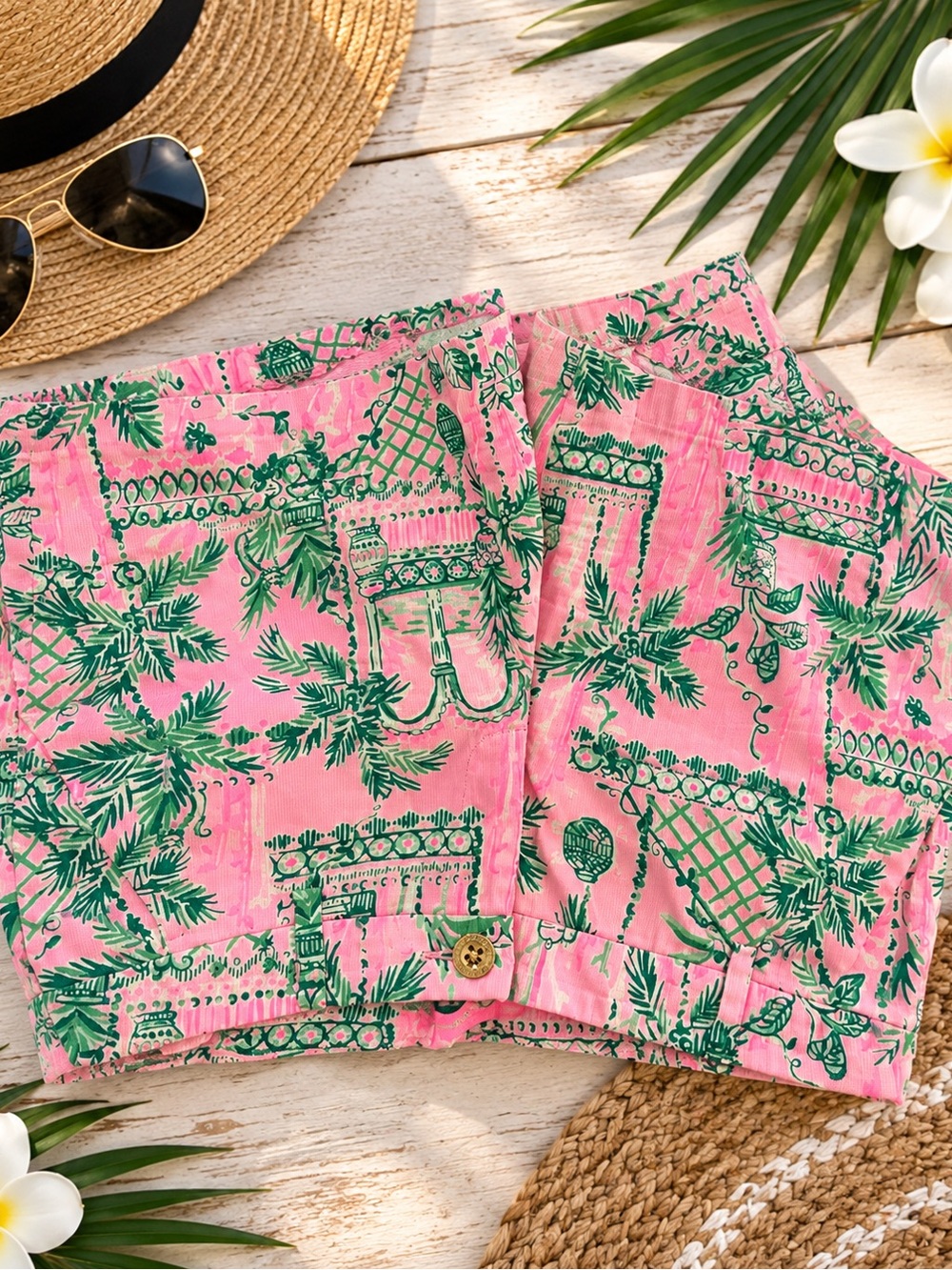 Lilly Pulitzer Pink Shorts with Green Tropical Pattern